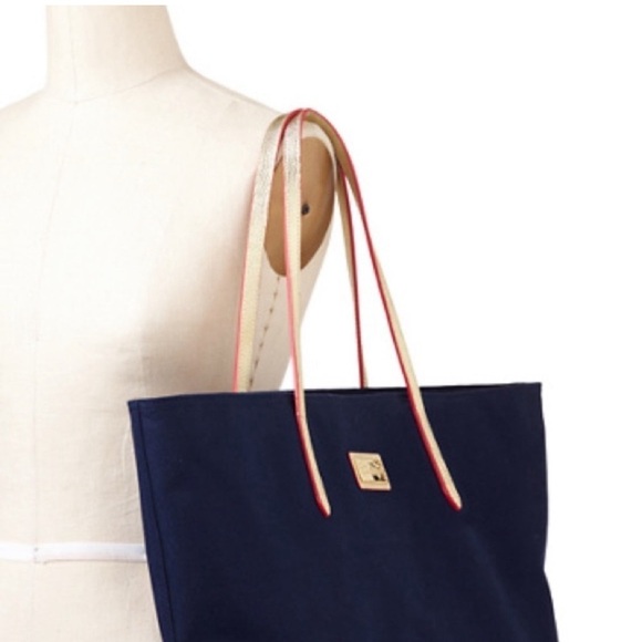 Lilly Pulitzer Large Navy Canvas Tote Bag with Gold Leather Handles - Picture 1 of 16